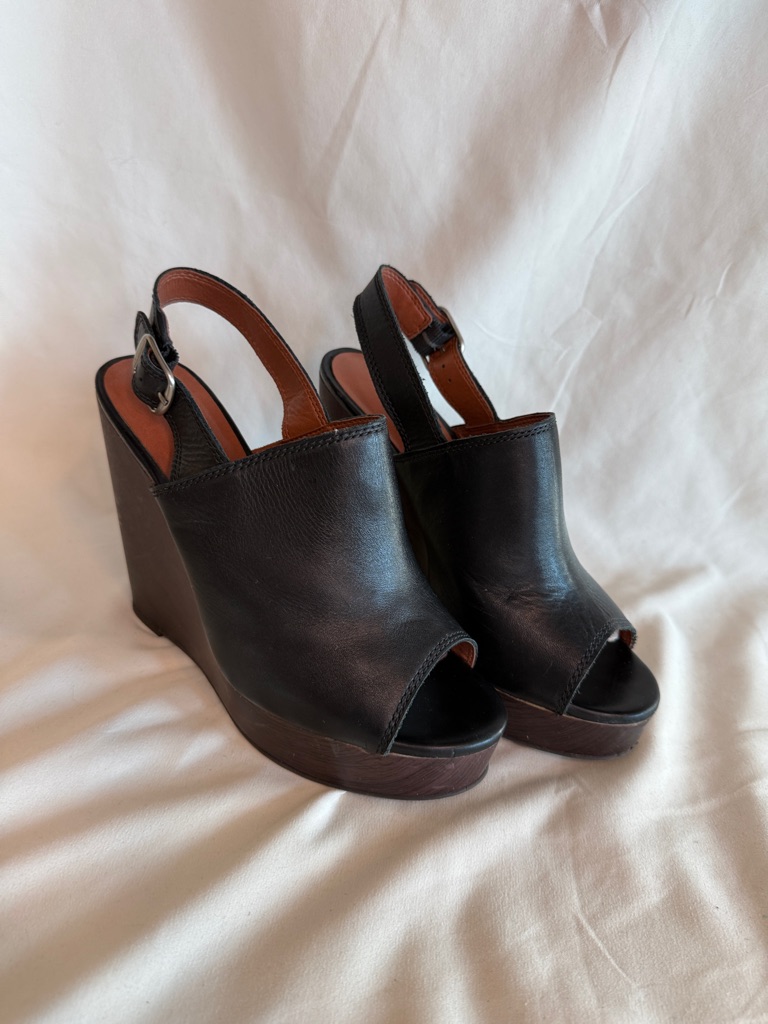 Lucky Brand Black Leather Peep-Toe Slingback Wedge Sandals